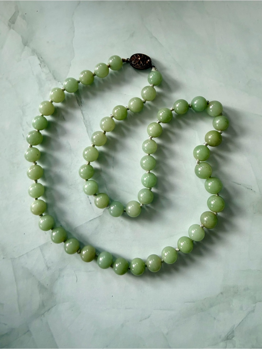 Vintage 24” Green Chinese Jade Knotted Bead Necklace